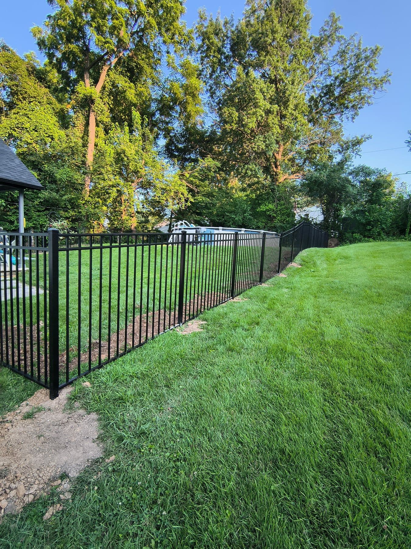 Black aluminum fence bordering a backyard lawn